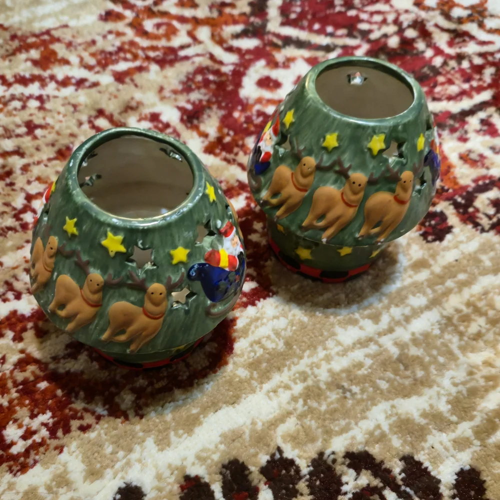 2 Set Vintage Christmas Tealight Candle Holder Set Santa Reindeer Old Country